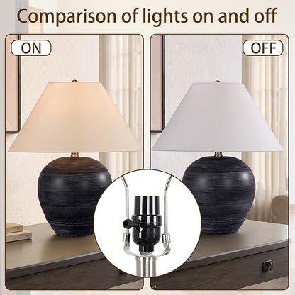 Farmhouse Ceramic Table Lamp, 18" Rustic Table Lamp with Linen Shade, Bedside Nightstand Lamps for Bedroom, Living Room, E26 Socket, Black with White Striped