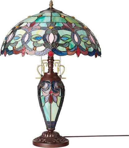 RIVER OF GOODS 24.5" H Victorian Green Dome Shade Double Lit Tiffany-Style Stained Glass Table Lamp