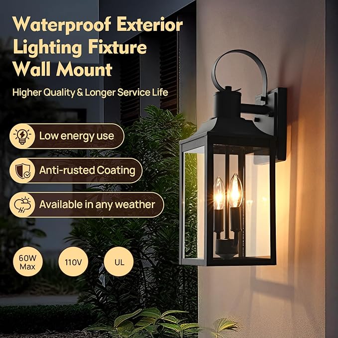 18.9" Black Outdoor Wall Sconce, 2-Light Industrial Porch Light with Clear Glass, Weather-Resistant Farmhouse Lighting Fixture for Porch, Patio,Garage Modern Wall Mount Exterior Lamp (1 Pack)
