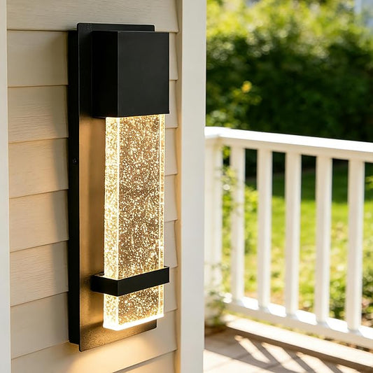 Modern LED Outdoor Wall Sconce, 13.8'' Black Exterior Wall Light Fixture with Crystal Bubble Glass, Hardwired Outdoor Light for Porch, Patio, Garage, Coach Lights, Waterproof Wall Mount Sconce