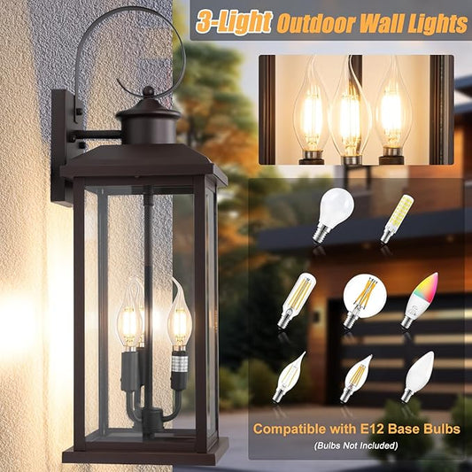 3-Light Large Outdoor Wall Light 2-Pack, 24" Bronze Modern Extra Exterior Lighting Fixture, Waterproof Porch Sconce Wall Mount, Outside Lamp for Front Door Farmhouse