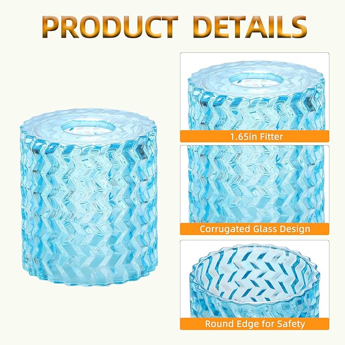 1Pack Corrugated Blue Glass Lamp Shades with 1-5/8 inch Fitter, Cylinder Glass Shade Covers Replacement Globe for Pendant Light fixtures Bathroom Vanity Lights Wall Sconces