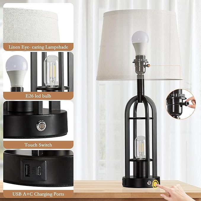 24" Table Lamps for Living Room Set of 2, Farmhouse Industrial 3-Way Dimmable Touch Bedside Lamps with USB A+C for Bedroom Nightstand，4 Bulbs Included