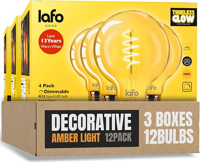 TimelessGlow 12 Pack Dimmable G25 LED Filament Bulb 5W 40W Equivalent Warm Amber 2000K E26 Base CRI80 Amber Glass Spiral Filament ETL FCC Certified Flicker Free Decorative Lighting