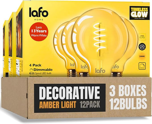 TimelessGlow 12 Pack Dimmable G25 LED Filament Bulb 5W 40W Equivalent Warm Amber 2000K E26 Base CRI80 Amber Glass Spiral Filament ETL FCC Certified Flicker Free Decorative Lighting