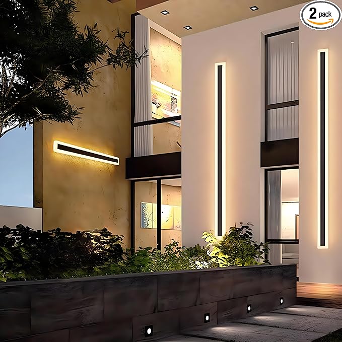 2Pack 71inch Long Outdoor Modern LED Wall Light,55W Waterproof IP65 Warm White 110V led Wall Mount Lighting Fixture Rectangular Black Wall Lights Elegant Frosted White Acrylic Anti Rust.
