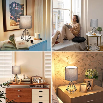 GGOYING Set of 2 Bedside Table Lamp, Black Metal Modern Lamp with Grey Fabric Shade, Simple Side Lamp for Living Room,Bedroom,Home,Office Working