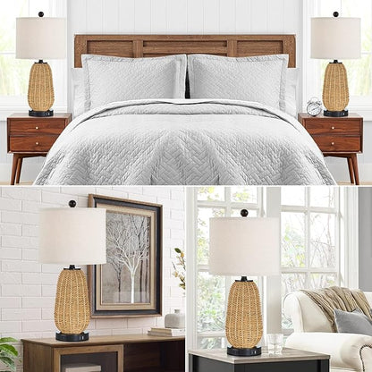 Touch Control Rattan Table Lamp, 3 Way Dimmable Bedside Lamp for Bedroom with 2 USB Ports and AC Outlet, Nightstand Lamps for Living Room(LED Bulbs Included), Grass-1PK