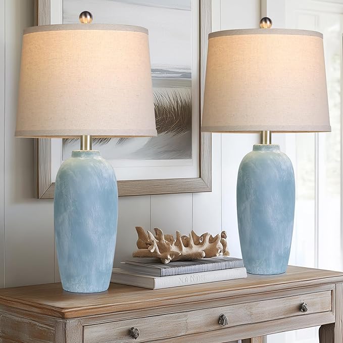 25“ Jar Table Lamps Set of 2, Ceramic Bedside Lamps for Bedroom, Beige Farmhouse Nightstand Lamps for Living Room