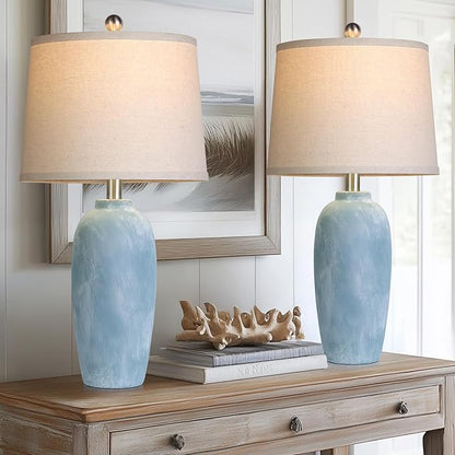 25“ Jar Table Lamps Set of 2, Ceramic Bedside Lamps for Bedroom, Beige Farmhouse Nightstand Lamps for Living Room