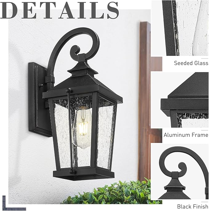 zeyu 16 Inch Black Outdoor Light Fixture, 1-Light Exterior Wall Lighting Fixture for Porch Backyard, Die-Cast Aluminum with Seeded Glass, Black Finish, ZW105B BK