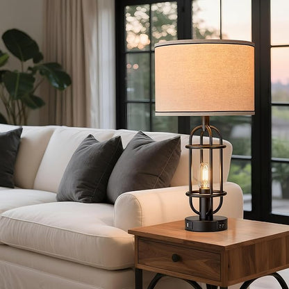 Black Table Lamps for Living Room Set of 2, 22.3" Farmhouse Lamps for Nightstand, Industrial Table Lamps for Bedroom with USB Ports, Bulbs Included