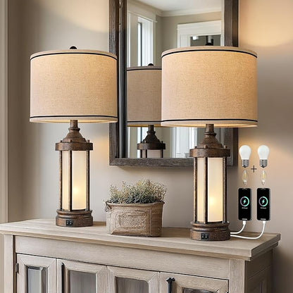25'' Table Lamps Set of 2 for Living Room Bedroom Farmhouse Metal Lamps with 2 USB Ports, Built-In Frosted Glass Night Light Vintage Industrial Nightstand Bedside Lamp, 4 Bulbs Included, Bronze