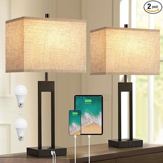 25.5’’ Nightstand Table Lamps for Bedrooms Set of 2, Bedside Lamp with USB C+A, Colors Changeable Living Room Lamps for End Tables, Modern Night Stand Lamps for Bed Side Guest Room Office Reading