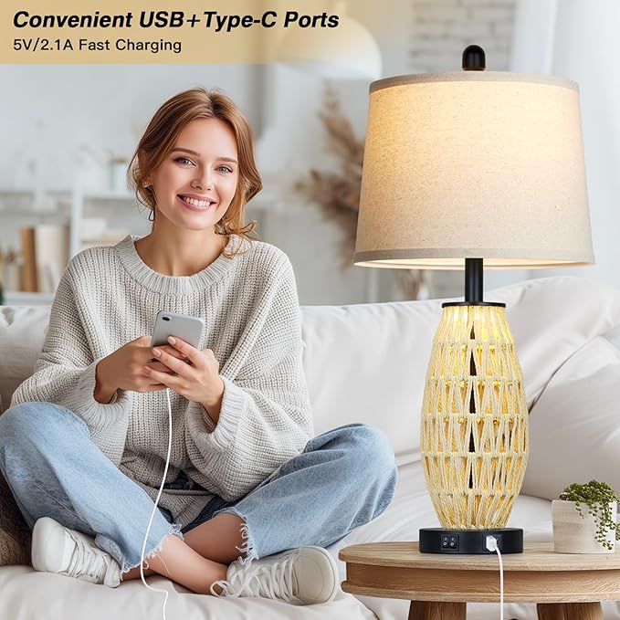 UXEFLOW 27" Beige Rattan Lamps with Night Light, Coastal Bedside Table Lamps Set of 2, Woven Wicker Bedroom Nightstand Lamp with USB A+C Charging Port & AC Outlet, Tall Farmhouse Lamp for Living Room