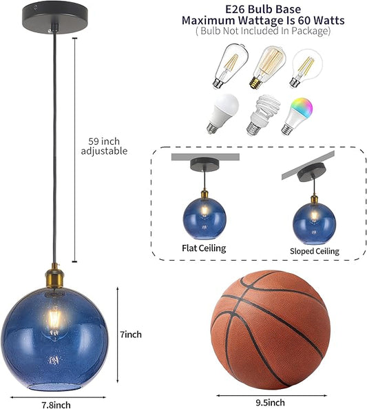Blue Glass Pendant Lights Kitchen Island Lighting Modern Globe Pendant Light Fixtures Modern Pendant Lights for Kitchen Island Bedroom Living Dining Room Light Fixture-7.8Inch