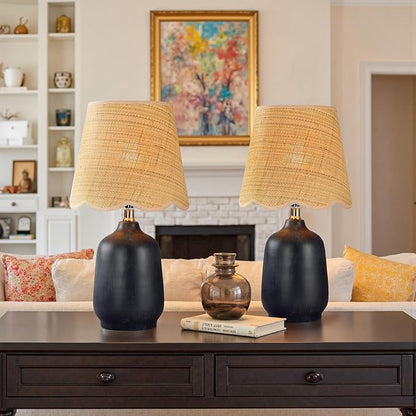 19" Boho Ceramic Table Lamp Set of 2, Handmade Ceramic Base with Rattan Shade, Farmhouse Plug-in Bedside Nightstand Lamps for Bedroom, Living Room, E26 Socket, Black