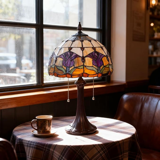 Vintage Table Lamp Stained Glass Lamp Tulip Flower Shades Bedroom Plug in Table Lamp Reading Desk Light for Bedside Living Room Office Dormitory Dining Room Decorate Gift