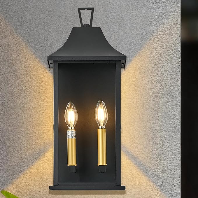Outdoor Wall Sconce, 20.3" 2-Light in Black with Gold Rectangular Metal Frame and Clear Glass Shade Waterproof Porch Light Patio Light,Bulbs Not Included