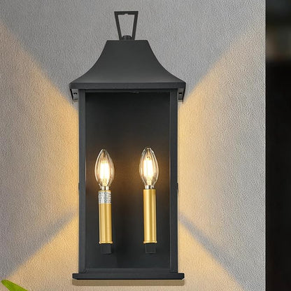 Outdoor Wall Sconce, 20.3" 2-Light in Black with Gold Rectangular Metal Frame and Clear Glass Shade Waterproof Porch Light Patio Light,Bulbs Not Included