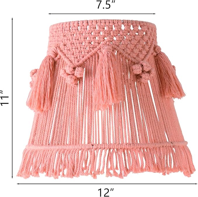 Pink Boho Woven Lamp Shade Bell Tassels Lampshade 7.5``Top x 12``Bottom x 11``High(Spider) Medium Handmade Lamp Shades for Table & Bedside Lamp - Easy Assemble