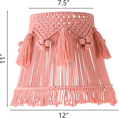 Pink Boho Woven Lamp Shade Bell Tassels Lampshade 7.5``Top x 12``Bottom x 11``High(Spider) Medium Handmade Lamp Shades for Table & Bedside Lamp - Easy Assemble