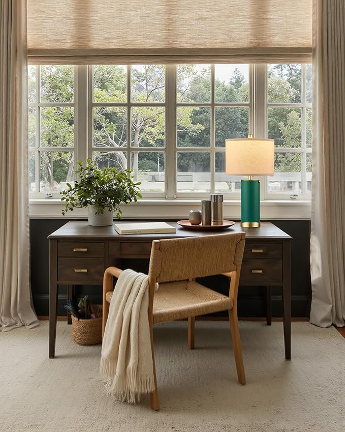 KDG 23.4" Green PU Leather Table Lamps for Living Room Set of 2, 3 Level Brightness LED Modern Home Decor Fabric Lampshade Desk Lamp Lighitng for Bedroom, Bedside, Farmhouse, Nightstand, Night Light