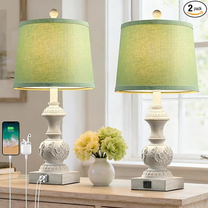 Green Bedside Lamp Set of 2 Vintage Farmhouse Table Lamps with USB A+C Ports 23.5" Floral Carved Pull Chain Boho Nightstand Lamps for Living Room Bedroom Home Office Dorm (No Bulb)