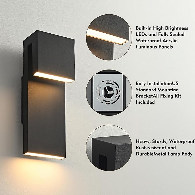 Modern LED Outdoor Wall Sconce 3000K 18W IP65 Waterproof Integrated LED Outdoor Wall Lights Anti Rust Black Porch Lights Exterior Lighting Outside Lights Fixture for Garage,Balcony,Backyard (1PACK)