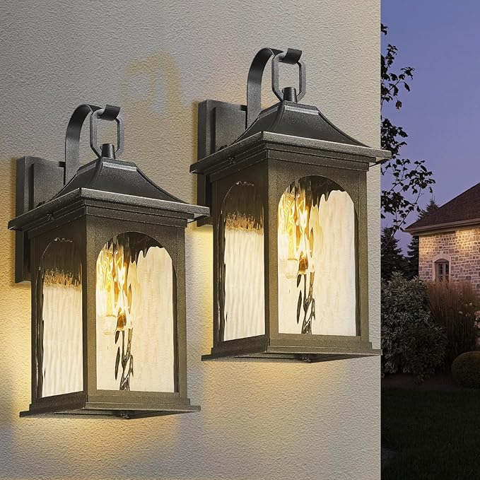 Porch Lights Outdoor Light Fixtures Wall Mount, 13.78 Inch Black Exterior Light Fixtures with Water Ripple Glass, Modern Outdoor sconces Wall Lighting Fixture for Patio House Garage, 2 Pack