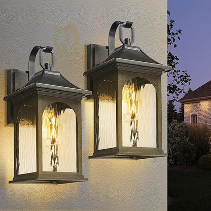 Porch Lights Outdoor Light Fixtures Wall Mount, 13.78 Inch Black Exterior Light Fixtures with Water Ripple Glass, Modern Outdoor sconces Wall Lighting Fixture for Patio House Garage, 2 Pack