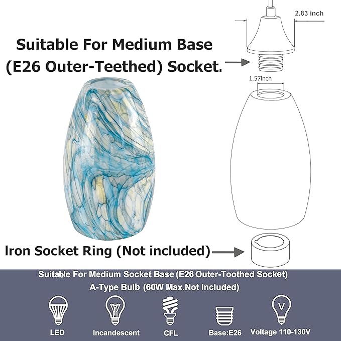 2 Pack Ink-blue Oval Glass Lamp Shade,7.8in Height,4in Diameter,1.57in Fitter,Hand Blown Art Light Fixture Glass Lamp Shade Replacement for Pendant Light Shades Only,Mini Chandelier Shades - by GO&SO