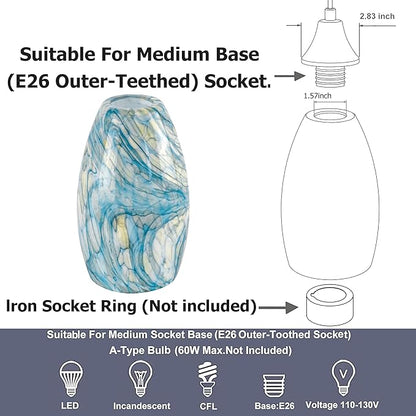 GO&SO 3-Pack Ink-blue Pendant Light Wave Glass Lamp Shades - Hand-Blown Rippled Texture with White Gradient, 7.8"H x 4"W Oval Art Fixtures, 1.57" Fitter,Mini Lamp Shade & Pendant Lamp Replacement Set