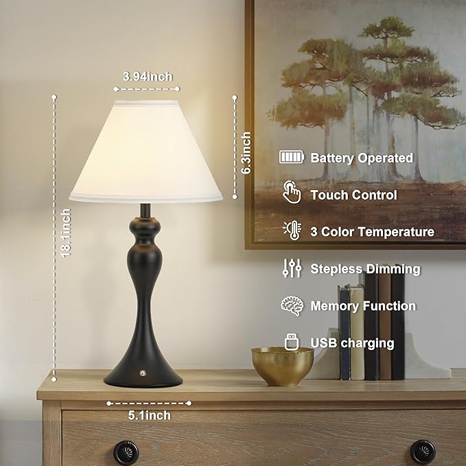 Rechargeable Cordless Table Lamps, Battery Operated Lamp with Fabric Shade for Decor, 3 Color Stepless Dimming LED Table Light, Nightstand Lamp for Nursery, Bedroom, Living Room, Home Office (Black)
