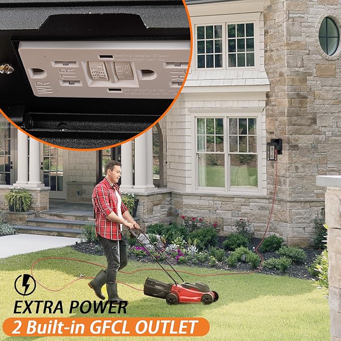 ALOADECOR 1 Light LED Modern Matte Black Dusk to Dawn Sensor Outdoor Wall Lantern Coach Sconces with Seed Glass and Built-in 2 GFCI Outlets Exterior Wall Mount Light for Garden Patio Front Door