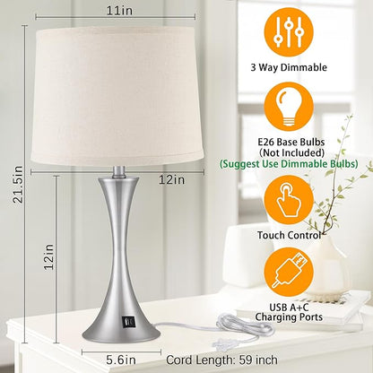 LIT-PaTH Table Lamp for Bedroom Nightstand Set of 2, Bedside Lamps with 3 Way Dimmable Touch Control and USB C+A Charging Ports, Linen Shade Desk Light for Living Room, Nickel (LED Bulb Not Included)