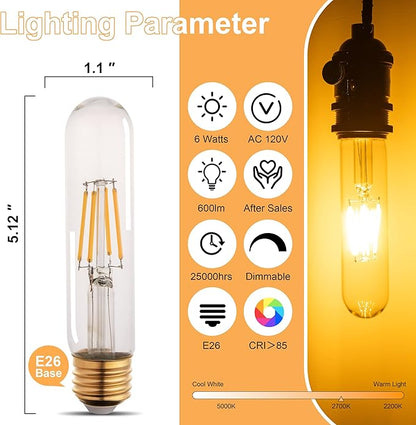 T10 Tubular Led Bulbs 60w Equivalent, Dimmable 5.25 Inch Led Tube Bulb, E26 T30 Edison Tubular Clear Light Bulbs, 2700K Warm Light Long Skinny 6W 10 Pack