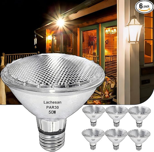 Par30 Short Neck Halogen Flood Light Bulbs, 50W120V 2700K Warm White Dimmable High Brightness, E26 Base, Great for Accent Lighting, Tracking, Recessed Bulb, 6pcs