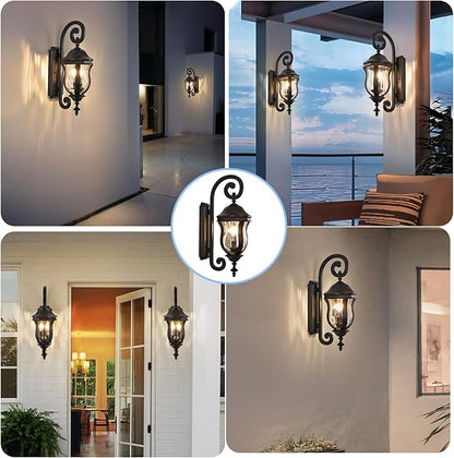 Outdoor Wall Sconces, Black Outdoor Porch Lights, 22.8" H Large Exterior Wall Lanterns, Waterproof Exterior Lighting Fixtures with Water Glass for Patio Garage Doorway