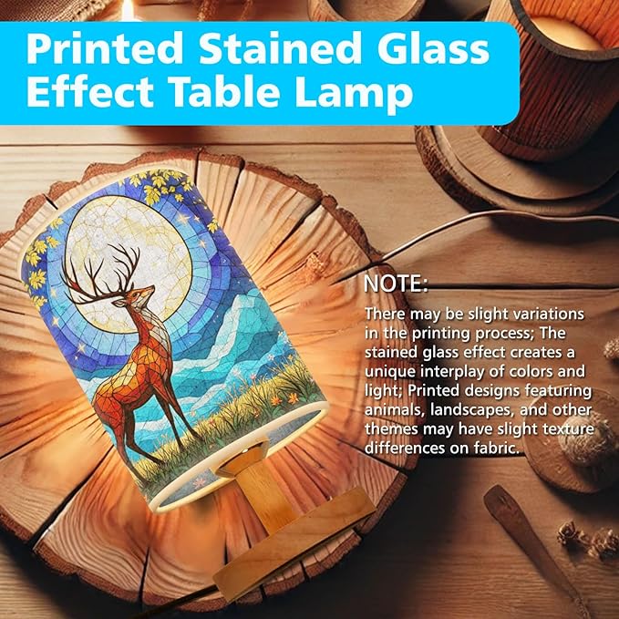 Deer Table Lamp LED 3-Color Pressed Bedside, Deer Shade Lamp with Wood Base for Bedroom Living Room Desk Office TL01