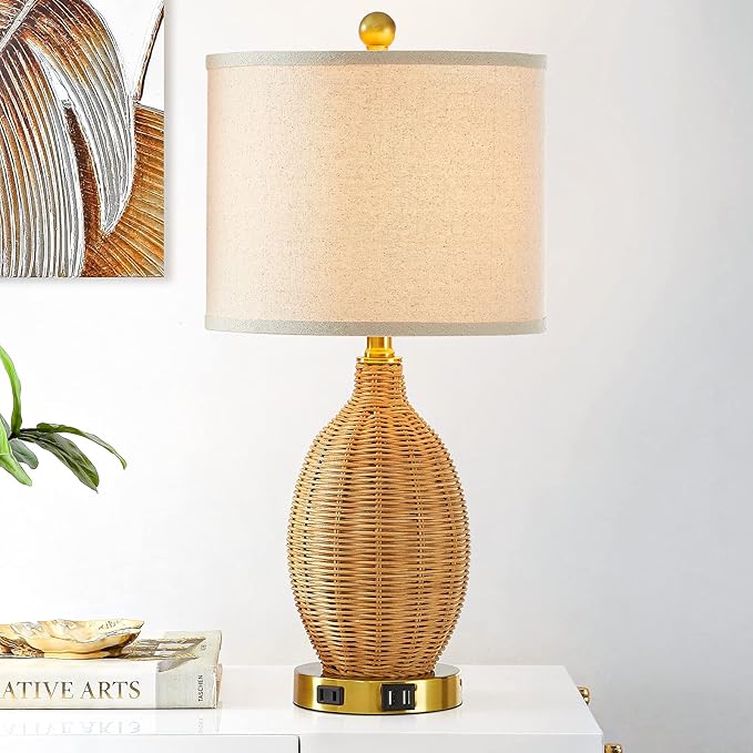 Touch Control Rattan Table Lamps, 3 Way Dimmable Bedside Lamps for Bedroom Set of 2 with 2 USB Ports and AC Outlet, Wicker Nightstand Lamps for Living Room (LED Bulbs Included), Gold