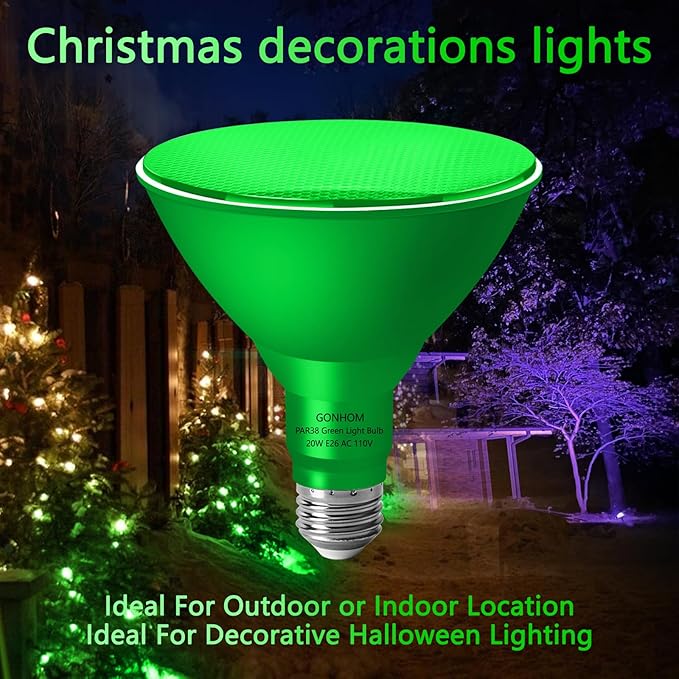 PAR38 Flood Lights Outdoor,Dimmable LED Flood Light Bulbs,20W(Equivalent to 200W),E26 Base,Outdoor Porch,Holiday Lighting,LED Flood Light Bulb for Halloween,Christmas,4 Pack Green