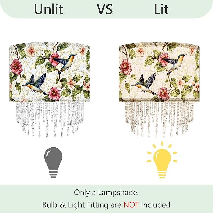 Hummingbird Floral Lamp Shade with Acrylic Bead Droplets, Spring Humming Bird Flower Fabric Light Shade for Pendant Table & Floor Lamps, Memorial Gift for Bird Lover, 15.7in