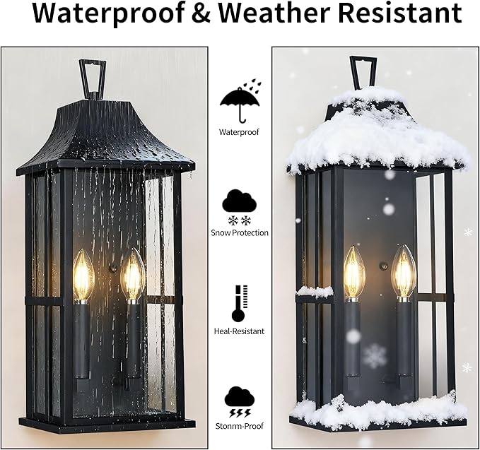 Outdoor Wall Sconce Waterproof Wall Lantern 2-Lights, 20.3" Large Outside Modern Wall Mount Light, Exterior Matte Black Porch Light with Glass for House Patio Garage,Bulbs Not Included
