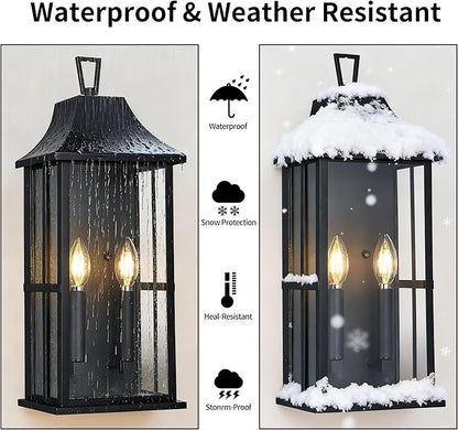 Outdoor Wall Sconce Waterproof Wall Lantern 2-Lights, 20.3" Large Outside Modern Wall Mount Light, Exterior Matte Black Porch Light with Glass for House Patio Garage,Bulbs Not Included