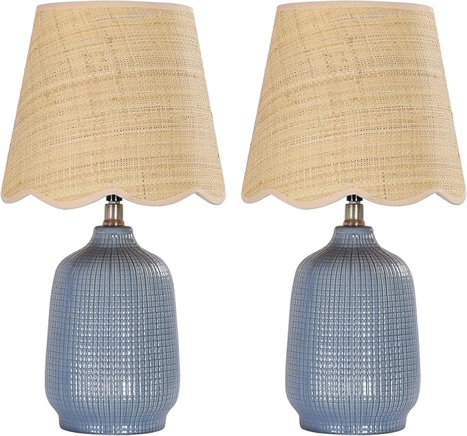 19" Boho Ceramic Table Lamp Set of 2, Handmade Ceramic Base with Rattan Shade, Farmhouse Plug-in Bedside Nightstand Lamps for Bedroom, Living Room, E26 Socket, Navy Blue