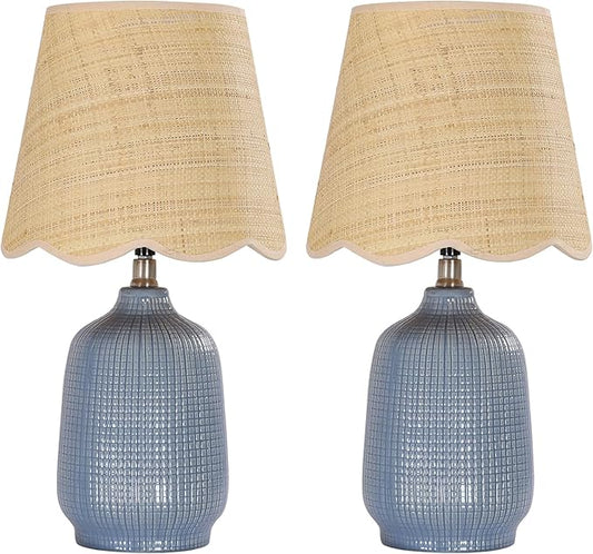 19" Boho Ceramic Table Lamp Set of 2, Handmade Ceramic Base with Rattan Shade, Farmhouse Plug-in Bedside Nightstand Lamps for Bedroom, Living Room, E26 Socket, Navy Blue