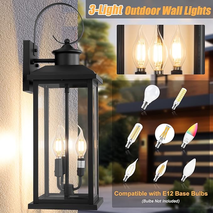 Large Outdoor Wall Light Fixture: 24in Black 3-Light Modern Porch Lantern, Waterproof Exterior Lighting Sconce Wall Mount, Outside Lamp for House Garage E12 Base