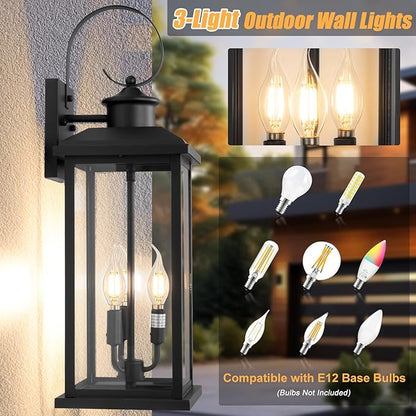 Large Outdoor Wall Light Fixture: 24in Black 3-Light Modern Porch Lantern, Waterproof Exterior Lighting Sconce Wall Mount, Outside Lamp for House Garage E12 Base