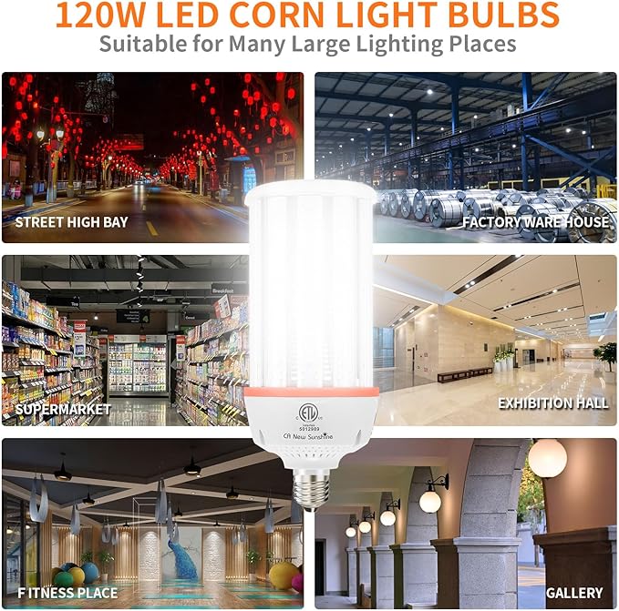 1200W Equivalent Led Corn light bulbs,18000 Lumen LED Corn Bulb 120W 5000K Daylight White Lamp,E26/E39 Medium Mogul Base,2-Pack Large Area Lights For Outdoor Indoor Warehouse Garage High Bay Lighting